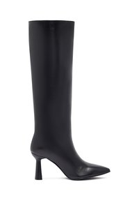 Zwarte kniehoge laarzen van glad leer. Kenmerken zijn een spitse neus en een slanke stilettohak. Minimalistisch ontwerp zonder zichtbare accenten.