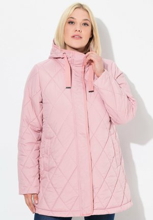 Quilted pink jacket with a hood, featuring a front zipper, drawstrings, and diagonal stitching. Soft texture with side pockets.