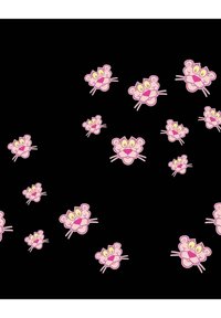 Tissu à motif présentant des visages de la panthère rose dessinée animée avec de grands yeux, sur un fond noir uni. Les visages sont ludiques et régulièrement espacés.