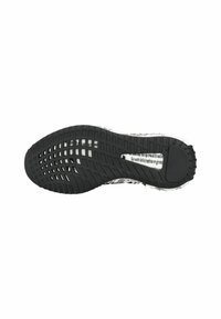 Suela de goma negra con patrones texturizados de agarre; la parte superior presenta una tela blanca con texto impreso en negro, forma curvada y talón reforzado.