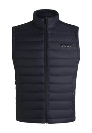 Mørkeblå ærmeløs vest med høj krave, polstret design, lynlåslukning foran og et minimalistisk logo på brystet.