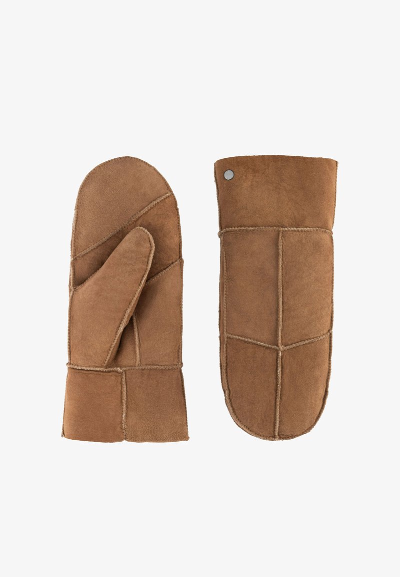 Braune Wildlederhandschuhe mit weicher Textur, die ein gesticktes Muster und einen Druckknopfakzent am Bündchen aufweisen.