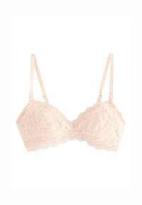 Lace bralette in zachtroze, met verstelbare bandjes, bloemmotief, golvende randen en een textuurafwerking. Ondersteunend ontwerp met beugels.