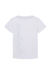 Vit bomullst-shirt med korta ärmar och rund halsringning, med en diskret tryckt textdesign längs vänstra sidan.