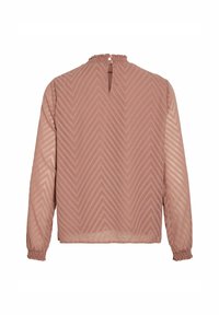 Långärmad blus i mjuk rosa med chevronmönster, med hög halsringning, nyckelhål baktill och rynkade manschetter för en avslappnad passform.