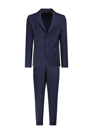 Costume pour homme bleu marine à deux boutons avec revers cranté, poche poitrine, deux poches plaquées avant et pantalon assorti ajusté.