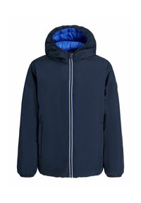 Marineblaue Jacke mit gepolsteter Kapuze und durchgehendem Reißverschluss, mit blauer Innenausstattung und elastischen Bündchen. Schlichtes Design, leichtes Material.
