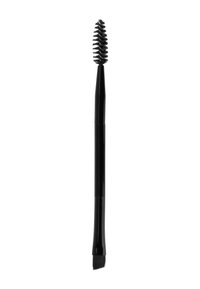 Black dual-ended brow brush with a spiral bristle end and a flat, angled brush tip. Smooth plastic handle, lightweight design.