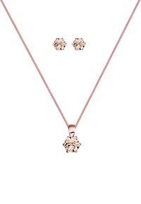 Schmuckset aus Roségold, bestehend aus einer Kettenhalskette mit einem blütenförmigen Anhänger und passenden Steckerohrringen, die alle mit klaren Kristallen verziert sind.