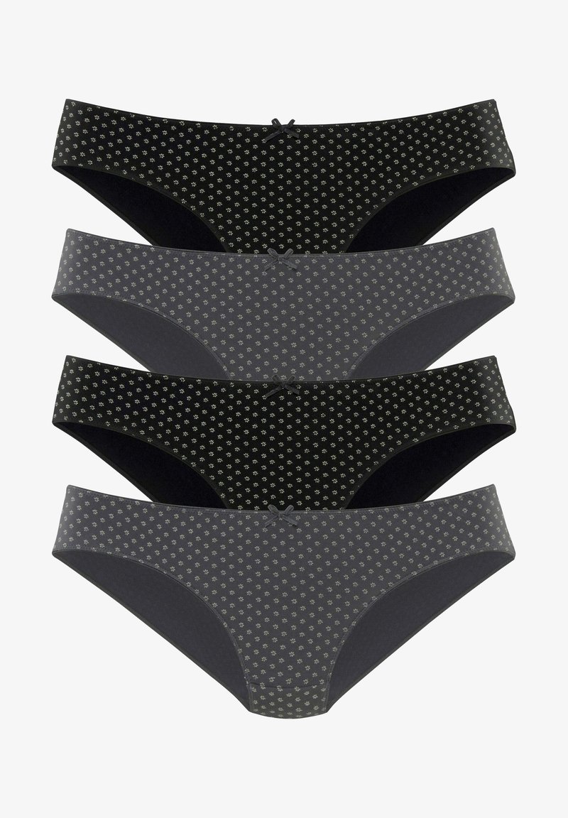 Quatre paires de culottes pour femmes en noir et gris avec des motifs floraux, chacune ornée d'un petit nœud au centre de la taille avant.