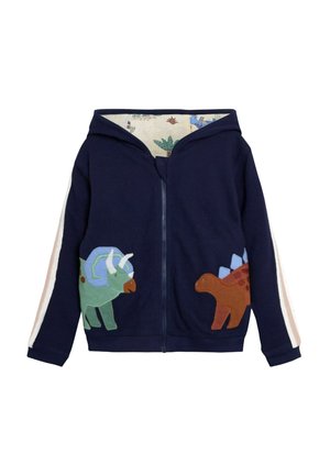 Navy zip-up hoodie with dinosaur appliqués: green triceratops and brown stegosaurus. Features cream-lined hood and striped sleeve accents.