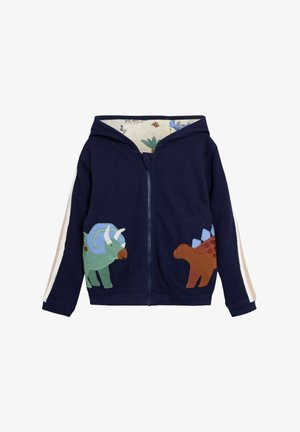 Námornícka zipsová mikina s aplikáciami dinosaurov: zelený triceratops a hnedý stegosaurus. Obsahuje kapucňu s krémovým podšívením a prúžkované akcenty na rukávoch.