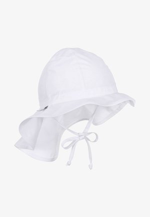 White cotton sun hat with a wide brim and neck flap, featuring a tie closure at the back for secure fit and protection from the sun.
