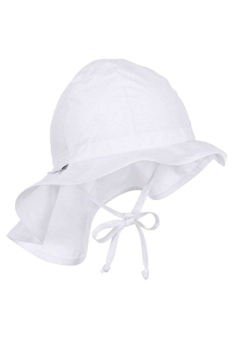 Weißer Baumwoll-Sonnenhut mit breiter Krempe und Nackenklappe, ausgestattet mit einem Bindeband am Rücken für einen sicheren Sitz und Schutz vor der Sonne.