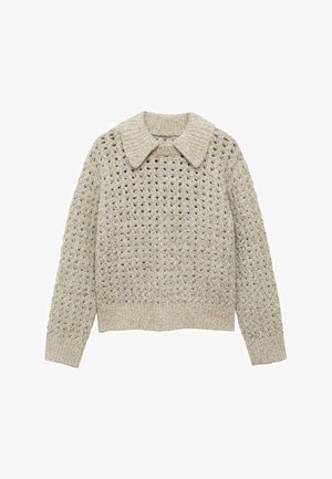 Svetlo bež pleteni pulover z velikim ovratnikom, odprtim tkanjem, rebrastimi manšeti in pasom, z teksturiranim zaključkom.