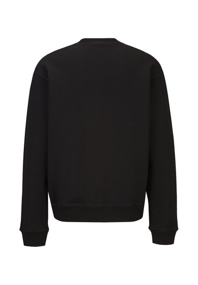 Black sweatshirt with a rounded neckline, long sleeves, and ribbed cuffs. Features a smooth texture and no visible patterns or accents.