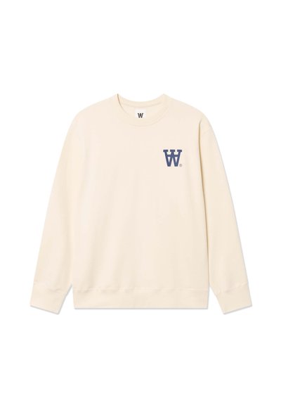 Sweat-shirt beige clair avec un col rond, des manches longues, des poignets côtelés, et un logo "W" bleu foncé sur la poitrine gauche. Texture lisse.
