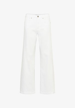 Fehér, széles szárú farmernadrág elülső gombolással és cipzáras záródással, övbújtatókkal, valamint elülső és hátsó zsebekkel, fehér háttéren bemutatva.