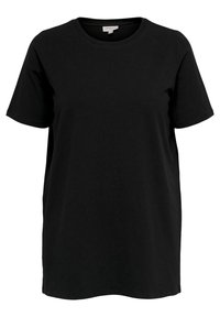 Svart t-shirt i bomull med rund hals, korta ärmar och en avslappnad passform. Slät textur utan synliga mönster eller detaljer.