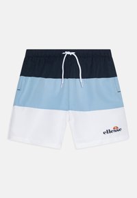 Pestrofarebné plavky s pruhovaným dizajnom v námorníckej modrej, svetlomodrej a bielej farbe, elastický pás s šnúrkou a logom.