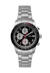 Montre chronographe noire avec bracelet en acier inoxydable argenté, présentant des sous-cadrans blancs, des accents rouges, une échelle tachymétrique et des index heure en chiffres arabes.