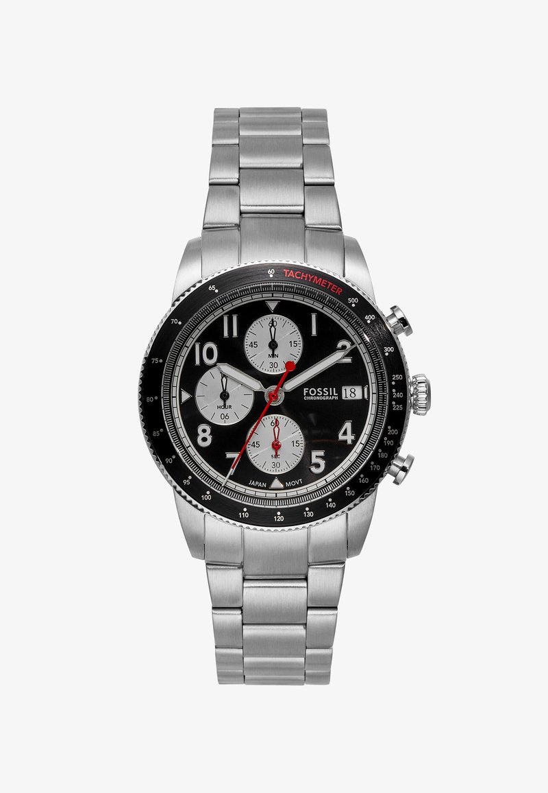 Black chronograph watch with silver stainless steel band, featuring white sub-dials, red accents, tachymeter scale, and Arabic numeral hour markers.