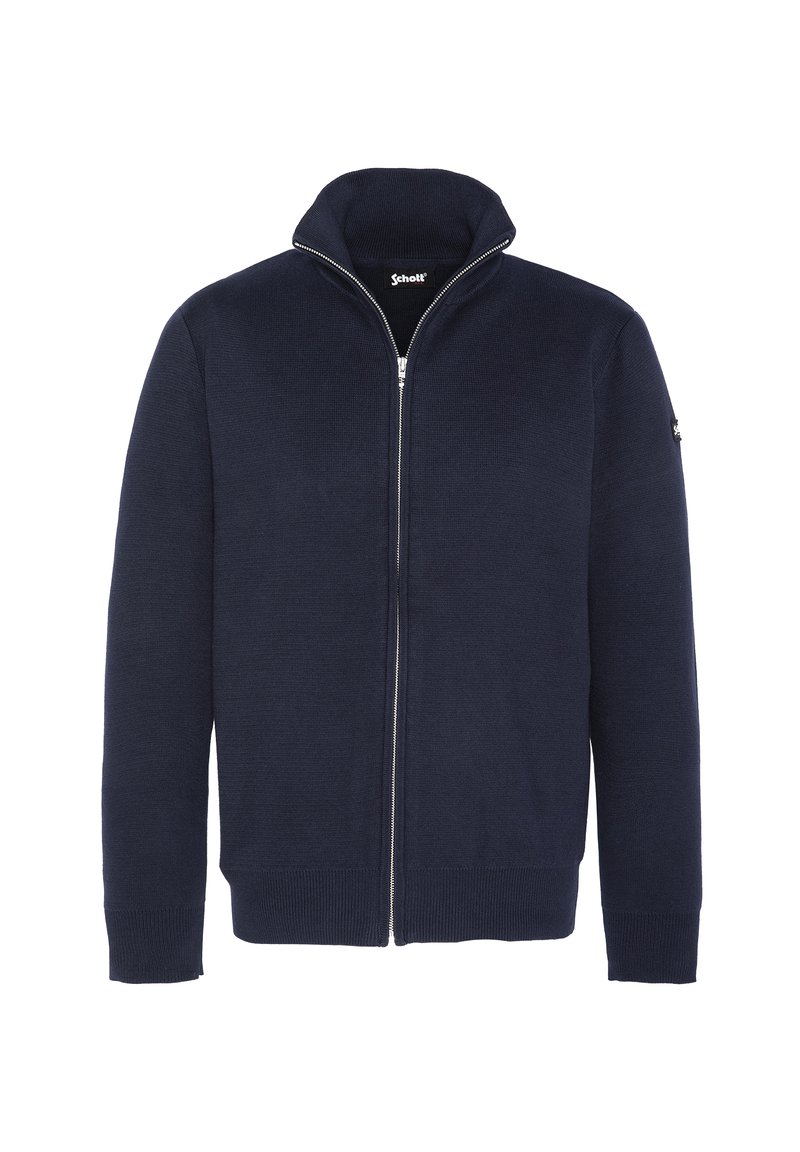 Navy-blauer Strick-Zipfelcardigan mit hohem Kragen, seitlichen Taschen, gerippten Bündchen und glatter Textur. Verfügt über ein Logo-Patch an der Ärmels.