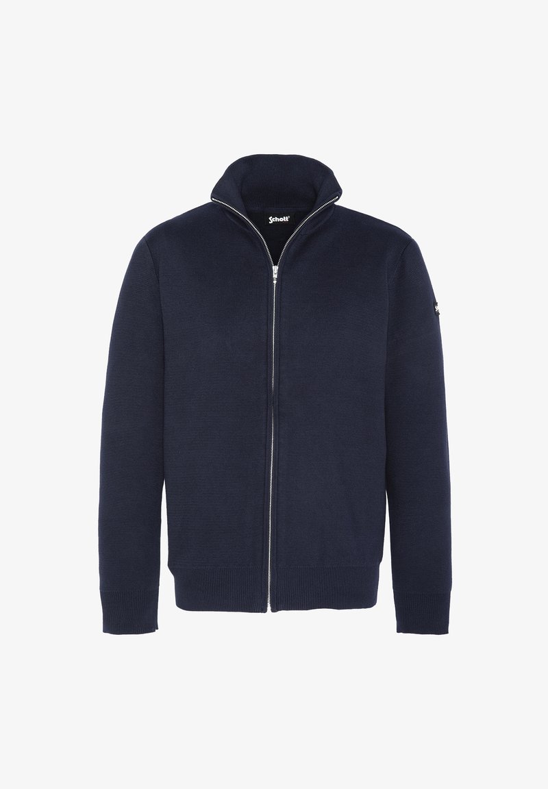 Granatowy sweter z dzianiny zapinany na zamek, z wysokim kołnierzem, bocznymi kieszeniami, ściągaczami w mankietach i gładką teksturą. Zawiera naszywkę z logo na rękawie.