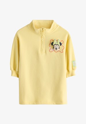Sweat-shirt jaune pour enfants avec demi-fermeture éclair devant, motif visage Minnie Mouse et nœud sur la poitrine, et poignets côtelés aux manches courtes.