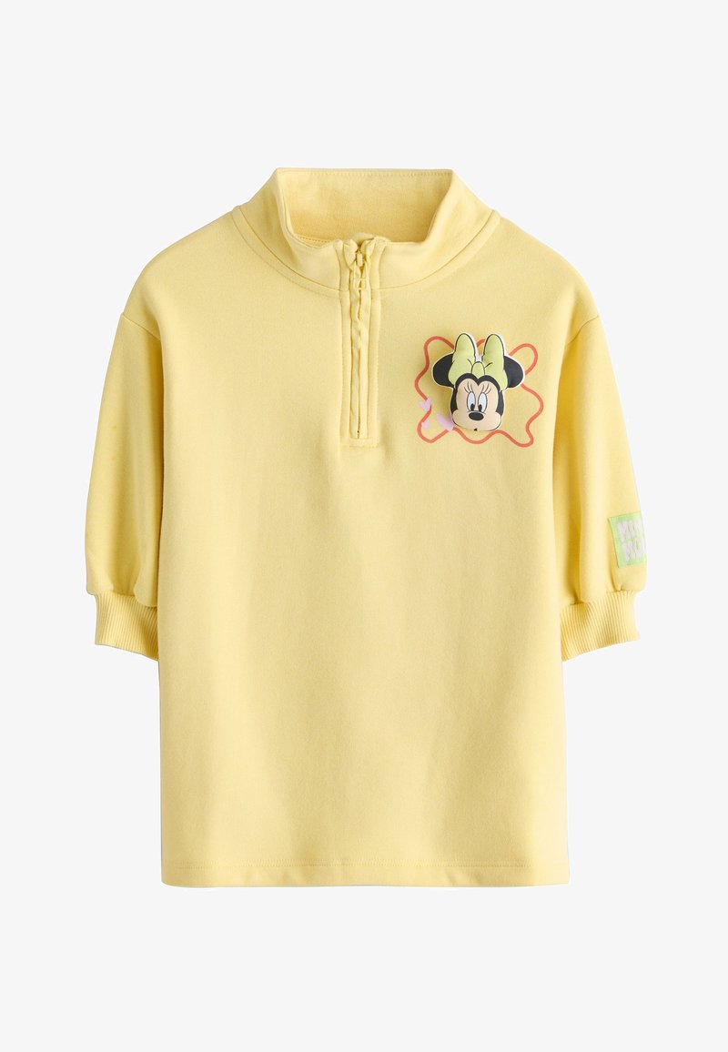 Sweat-shirt jaune pour enfants avec demi-fermeture éclair devant, motif visage Minnie Mouse et nœud sur la poitrine, et poignets côtelés aux manches courtes.
