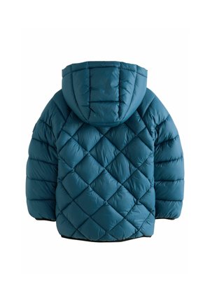 Doudoune teal avec un motif en losanges, dotée d'une capuche et de poignets élastiques, fabriquée en matériau rembourré et brillant.