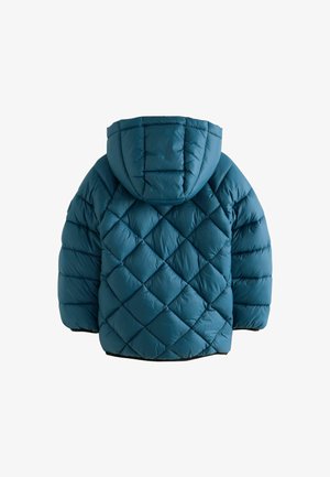 Tealfärgad puffjacka med diamantquiltat mönster, med huva och elastiska ärmslut, tillverkad av glansigt, vadderat material.
