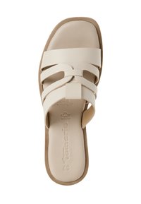 Beige slip-on sandal with three wide straps, soft leather upper, rounded toe, cushioned footbed, and tan outsole. No visible hardware.