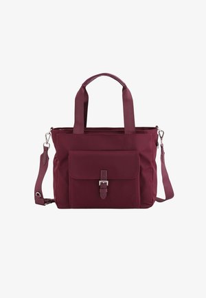 Burgundy tote bag made of durable fabric, with dual handles, adjustable strap, front flap pocket, and silver hardware accents.