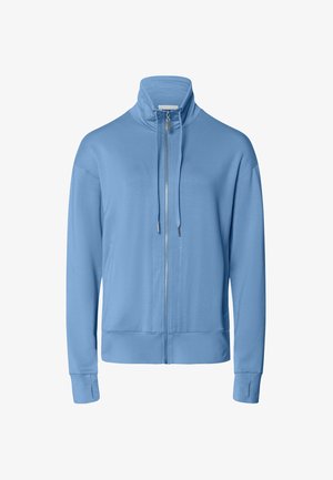 Lyseblå zip-up sweatshirt med høj krave, lange ærmer, sidelommer og en glat tekstur. Har snoretræk ved kraven.