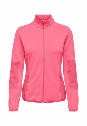 Giacca sportiva rosa con colletto alto, chiusura frontale con cerniera integrale, pannelli laterali a coste e tasche con zip. Tessuto liscio con design sagomato.