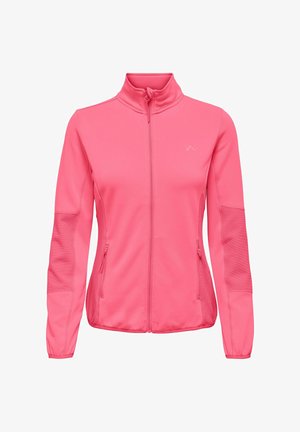 Giacca sportiva rosa con colletto alto, chiusura frontale con cerniera integrale, pannelli laterali a coste e tasche con zip. Tessuto liscio con design sagomato.