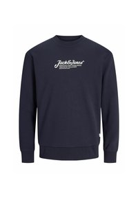 Marineblaues Sweatshirt aus Baumwolle mit Rundhalsausschnitt. Besitzt einen weißen Logo-Druck auf der Brust. Mit gerippten Bündchen und Saum. Einfaches Design.