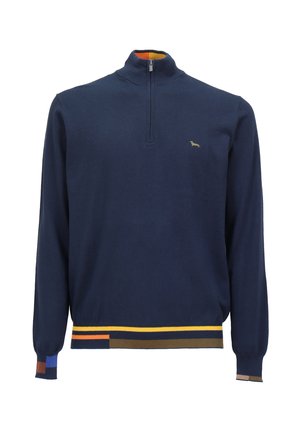 Marinblå zip-up-tröja med långa Ärmar; har ett flerfärgat randigt mönster vid fållen och ärmsluten; broderad logotyp på bröstet.