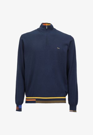 Marineblå zip-up sweater med lange ærmer; har et flerfarvet stribet mønster ved kanten og manchetterne; broderet logo på brystet.