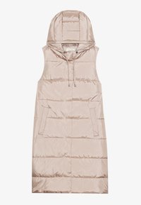 Ljus beige pufferväst med huva, med ett quiltat mönster, framfickor och justerbar dragsko. Slät, glänsande tygtextur.