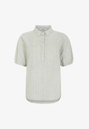 Rövid ujjú ing világoszöld és fehér függőleges csíkokkal. Galléros kivágással és gombos záródással rendelkezik, lekerekített alsó résszel.