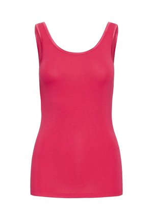 Débardeur ajusté sans manches de couleur rose vif avec encolure dégagée et ourlet net sur fond blanc uni.