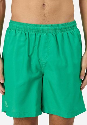 Pantaloni da nuoto verdi realizzati in tessuto leggero, con una vita elasticizzata, tasche laterali e un design semplice senza motivi visibili.