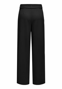 Pantaloni neri a vita alta, a gamba larga, con passanti per cintura e sottili pince posteriori, mostrati da dietro su uno sfondo bianco.