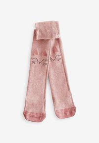 Rosa Strumpfhosen mit Katzenkopf-Design, das dreieckige Ohren und Schnurrhaare aufweist. Weiche Textur und elastischer Bund für hohen Tragekomfort.