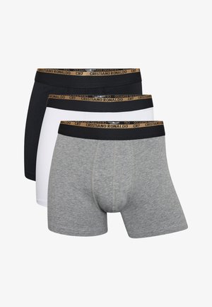 Drei Paar Boxershorts: schwarz, grau und weiß. Weiches Material mit elastischen Taillenbünden, die mit "CR7"-Branding in Gold versehen sind.