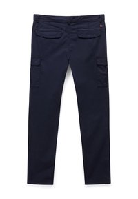 Navy blue cargo pants with a straight cut, cotton blend fabric, two side and two back pockets, and stitched detailing along seams.