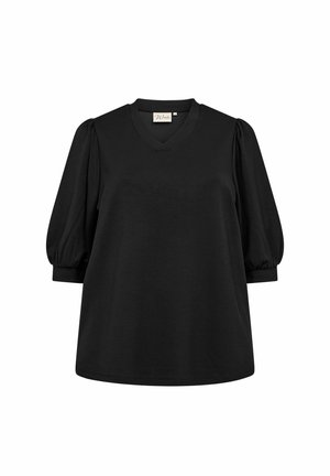 Sort pullover med V-hals, korte puffærmer og en afslappet pasform. Fremstillet af blødt stof, med en glat tekstur og et simpelt design.