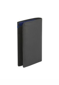 Portafoglio in pelle nera con un design sottile, caratterizzato da accenti blu, molteplici scomparti per carte e cuciture visibili lungo i bordi.